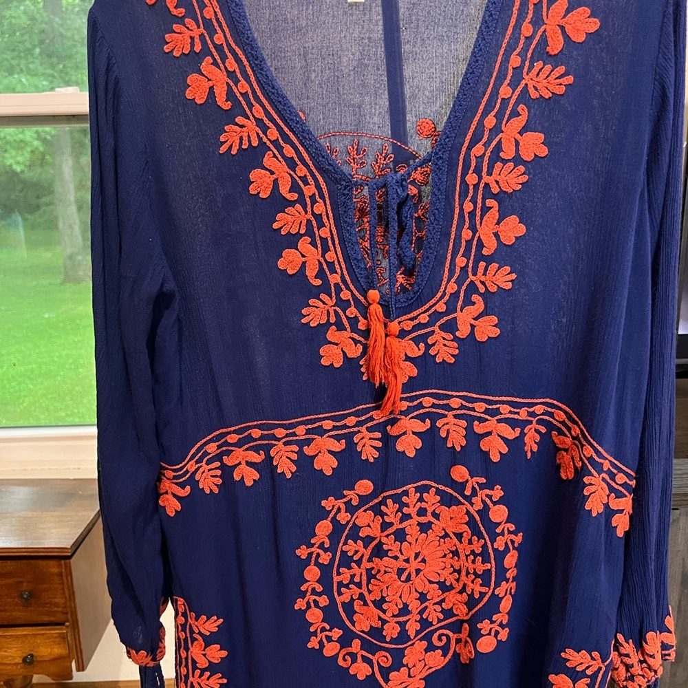 Women's Navy Blue Tunic Top with Red Embroidery